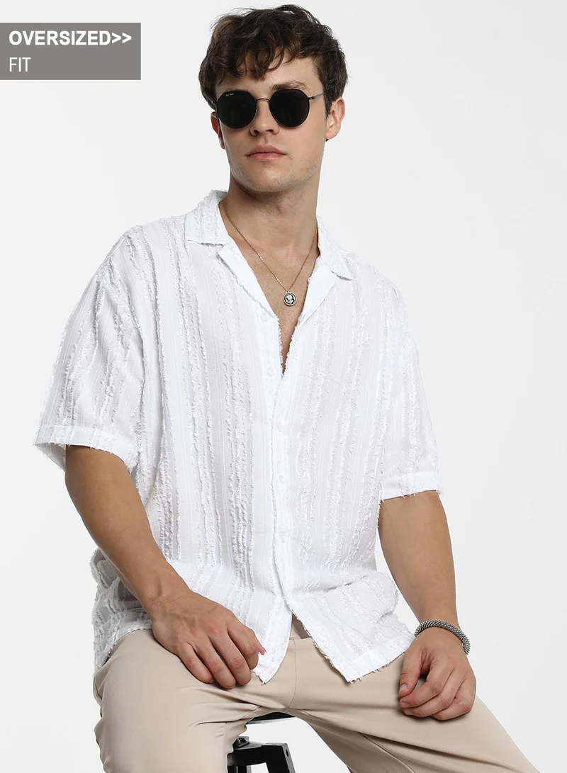 Campus Sutra Men's Chalk White Unhemmed Striped Oversized Shirt