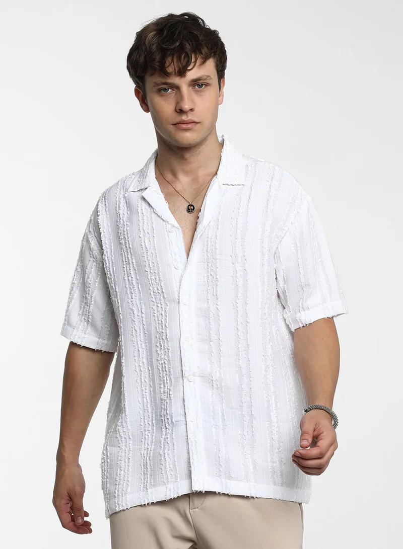 Campus Sutra Men's Chalk White Unhemmed Striped Oversized Shirt