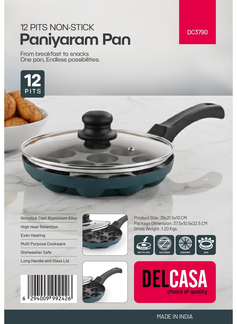 Delcasa 12 Pits Nonstick Paniyaram Pan - DC3790 Aluminum Body with Long Handle and Glass Lid/ Multipurpose - Image 1