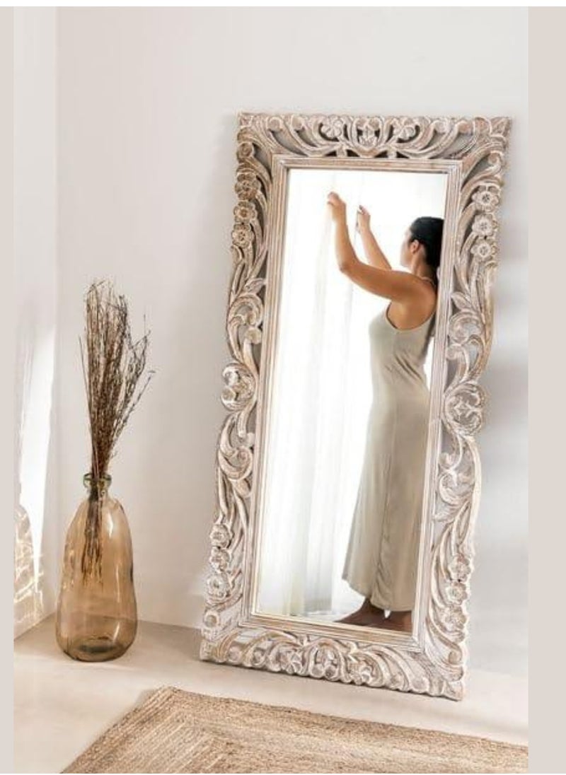 Wooden Twist Wooden Twist Antique Traditional Floral Design Mango Wood Hand Carved Decorative Wall Standing Frame ( With Mirror )  - Image 1