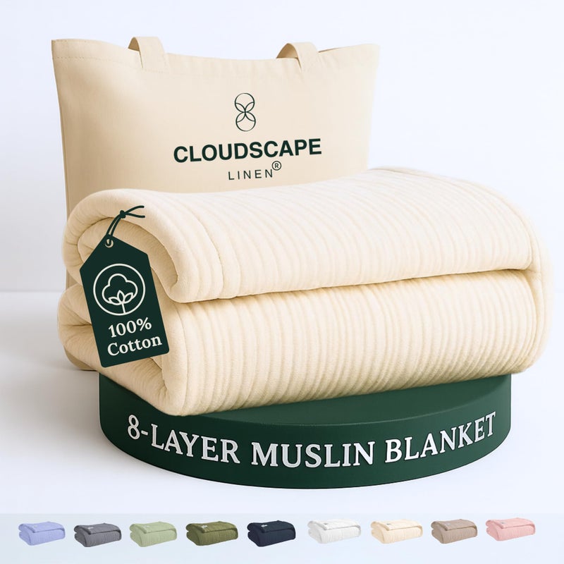Cloud Scape Linen 8Layer Muslin Blanket Queen Size  100 Cotton Soft and Breathable Oversized Winter Blanket Fits up to Full Size Bed 92x92 Ivory