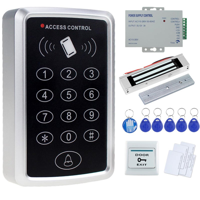 OBO HANDS Stand-Alone Door Access Control System Kit with 180kg/350lbs Electric Magnetic Lock, DC12V/3A Power Supply, Door Exit Button, 10pcs RFID EM ID Keyfobs/Cards - Image 1