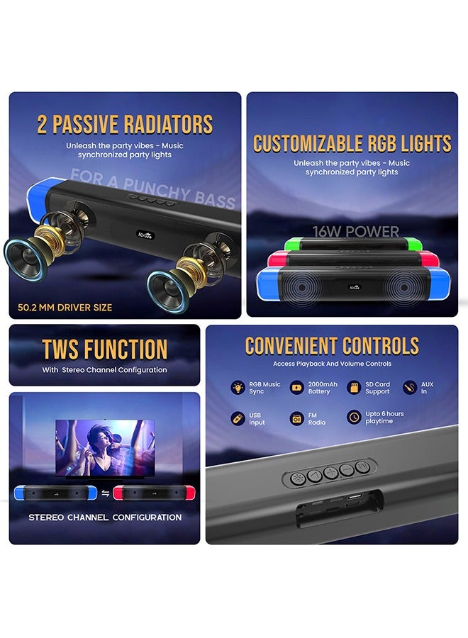 آي كروز iCruze Neonbass مكبر صوت لاسلكي 16 وات بتقنية البلوتوث 5.0 مع إضاءة LED RGB لأجهزة الكمبيوتر المخصصة للألعاب، 2000 مللي أمبير/ساعة/بطاقة SD/AUX/USB/راديو FM/مدة تشغيل 6 ساعات - Image 2