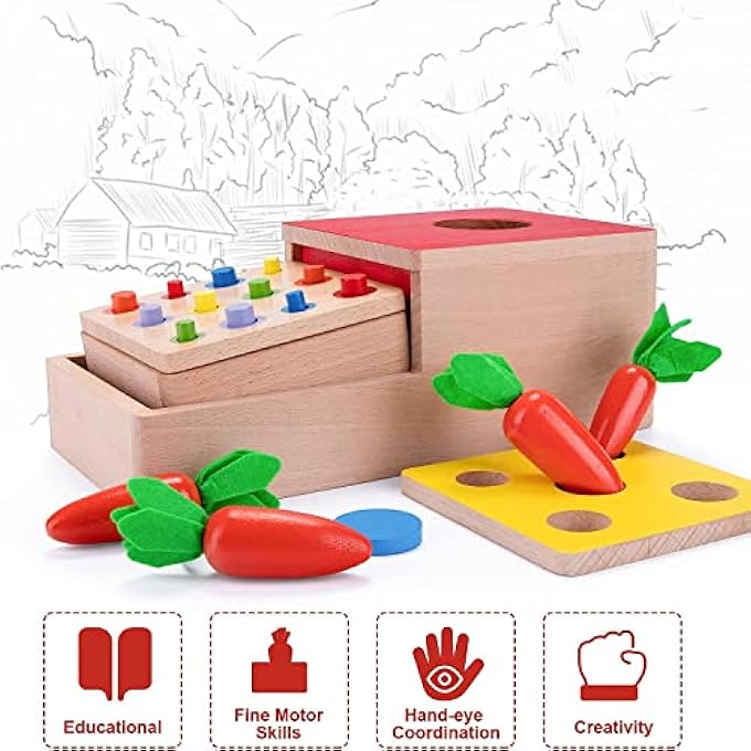 OBJECT PERMANENCE BOX, 4 IN 1 WOODEN MONTESSORI TOYS PLAY KIT WITH COIN BOX, CARROT HARVEST TOY, COLOR MATCHING STICKS,COLOR&SHAPE SORTING LEARNING MATCHING GAME GREAT FOR 6 MONTHS UP - Image 2