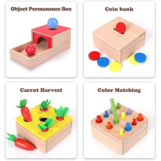 OBJECT PERMANENCE BOX, 4 IN 1 WOODEN MONTESSORI TOYS PLAY KIT WITH COIN BOX, CARROT HARVEST TOY, COLOR MATCHING STICKS,COLOR&SHAPE SORTING LEARNING MATCHING GAME GREAT FOR 6 MONTHS UP - Image 4