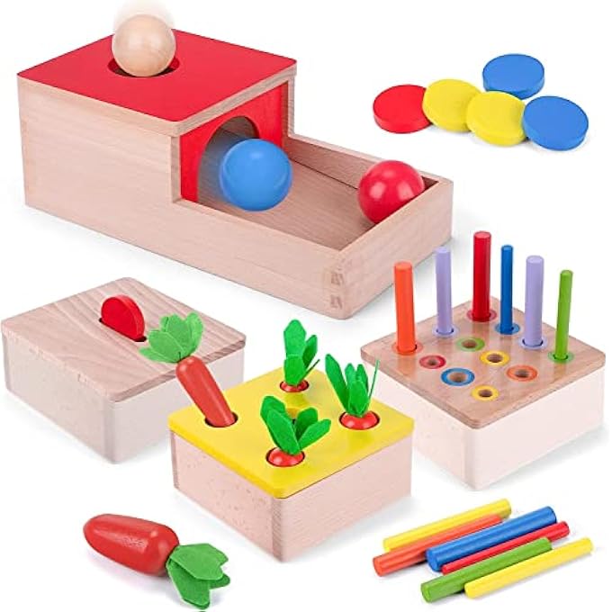 OBJECT PERMANENCE BOX, 4 IN 1 WOODEN MONTESSORI TOYS PLAY KIT WITH COIN BOX, CARROT HARVEST TOY, COLOR MATCHING STICKS,COLOR&SHAPE SORTING LEARNING MATCHING GAME GREAT FOR 6 MONTHS UP - Image 1