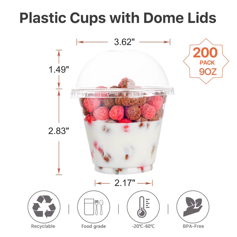 Lullaby 200Pack 9oz Clear Plastic Cups with Dome Lids  Dessert Cups with Lids  Disposable Parfait Cups  Party Cups Cupcake for Parties and Daily Use - Image 2