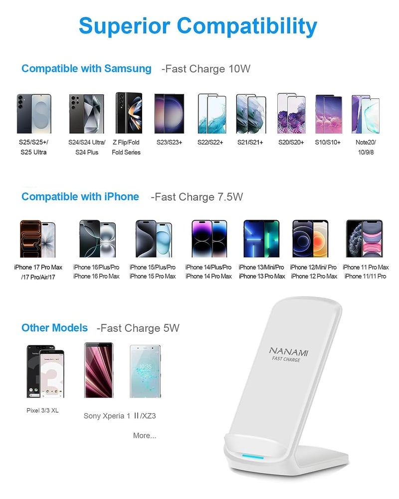 NANAMI Upgraded Fast Wireless Charger, Wireless Charging Stand for iPhone 17/17 Air/16/16 Plus/16 Pro/16 Pro Max/15/14/13/12 & Phone Charger Dock for Samsung Galaxy S26/S25/S24/S24 Ultra/S23/S22 - Image 3