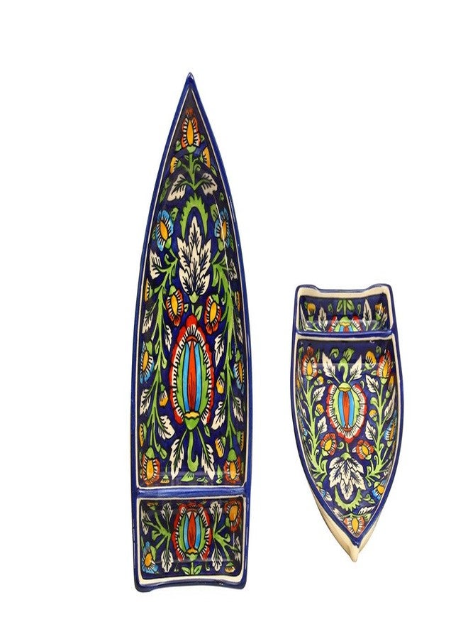 كافيين أطباق قارب الوجبات الخفيفة المصنوعة يدويًا من السيراميك الأزرق من جايبوري، مقاس 11 بوصة (مجموعة من 2) - Image 1