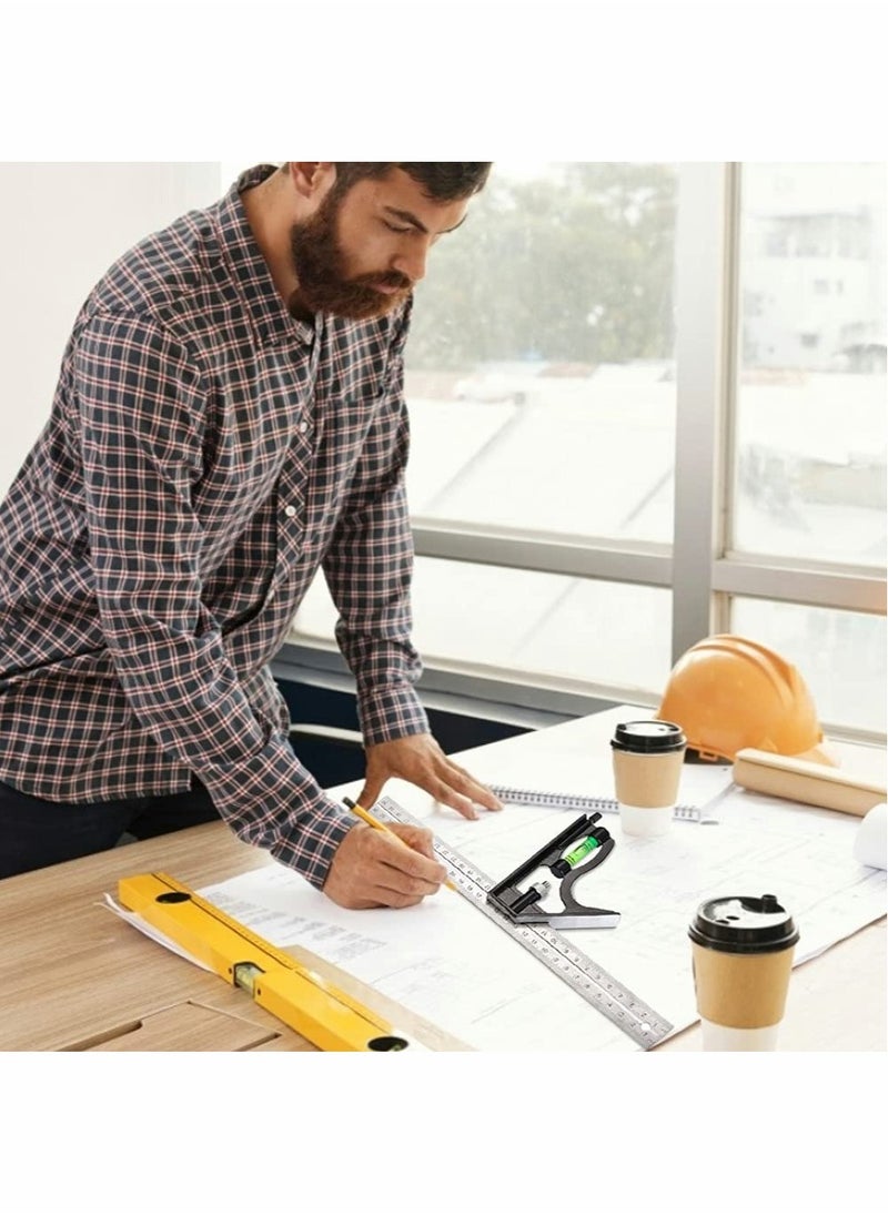 مربع مركب 12 بوصة/300 مم، مجموعة مربعات المهندسين، مسطرة زاوية من الفولاذ المقاوم للصدأ، مربع نجارة قابل للتعديل 45/90 درجة مع مستوى الفقاعات، أداة قياس للنجار المهندس
