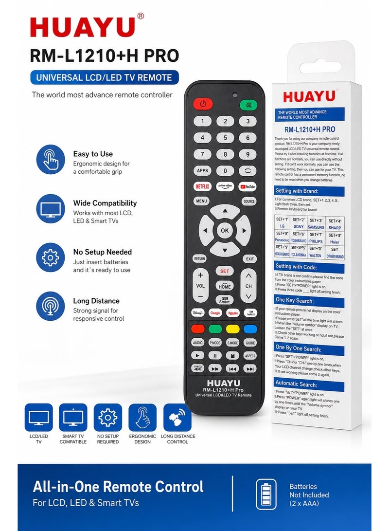Huayu Universal LCD/LED Smart TV Remote Control - HUAYU RM-L1210+H PRO with Netflix, YouTube, Prime Video Buttons - Image 1