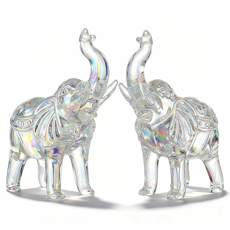 Rotroyce Crystal Elephant Figurines Set of 2, 3.35" Tall Clear Glass Ornaments, Feng Shui Good Luck Animal Decor Gift for Home & Office (Multicolor Elephant 2-Pack) - Image 1