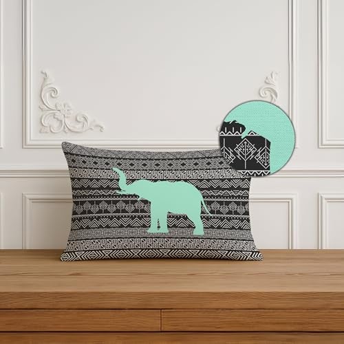 BRICK HOME Set of 2 Jute Printed Cushion Covers 12x18 Inch | Geometric Chevron & Elephant Tribal Design | Mint Green, Grey, Black & White | Soft Decorative Pillow Covers for Sofa, Couch & Living Room - Image 3