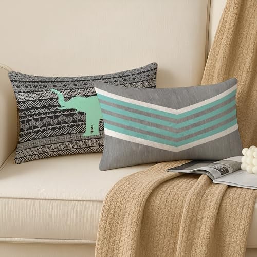 BRICK HOME Set of 2 Jute Printed Cushion Covers 12x18 Inch | Geometric Chevron & Elephant Tribal Design | Mint Green, Grey, Black & White | Soft Decorative Pillow Covers for Sofa, Couch & Living Room - Image 2