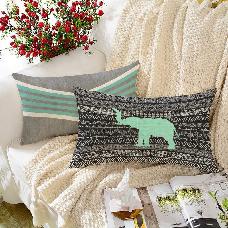 BRICK HOME Set of 2 Jute Printed Cushion Covers 12x18 Inch | Geometric Chevron & Elephant Tribal Design | Mint Green, Grey, Black & White | Soft Decorative Pillow Covers for Sofa, Couch & Living Room - Image 5