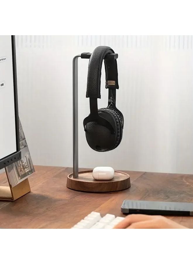 L Shaped Wooden Headphone Stand Elegant Round Design Metal Arm Perfect Gift - Image 2