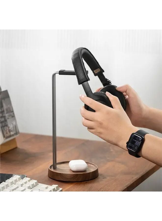 L Shaped Wooden Headphone Stand Elegant Round Design Metal Arm Perfect Gift - Image 4