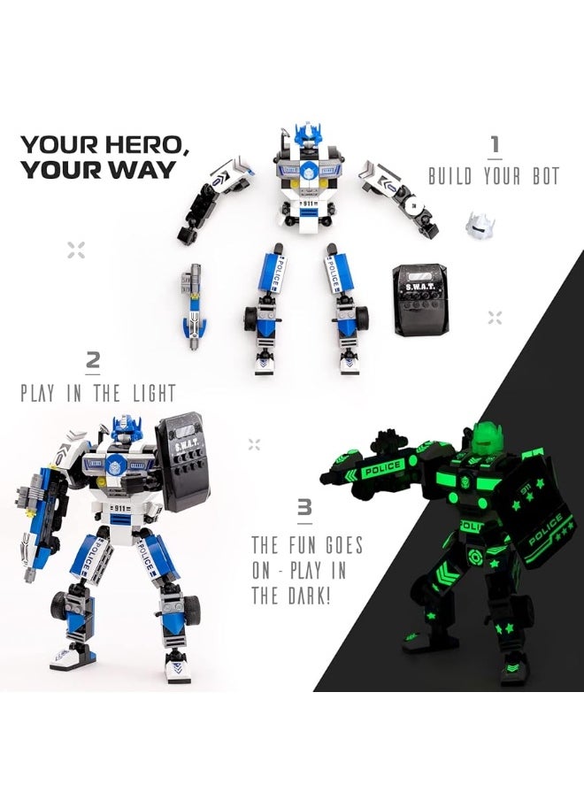 JitteryGit - JITTERYGIT Robot Police Mech Glow in The Dark Toy Cop Gift, SWAT Action Figure Buildable STEM Building Superheroes Soldier - Cool Present for Boys, Girls, Kids, Children Ages 6 7 8 9 10 Year Olds - Image 1