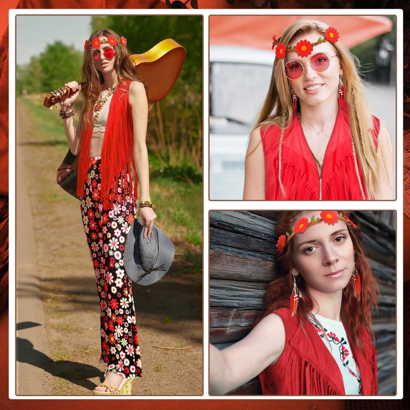 Leumoi 5 Pcs 60s 70s Costume for Women Disco Outfits Hippie Accessories Fringe Vest Boho Flared Pant for Mardi Gras Carnival(X-Large,Red) - Image 5