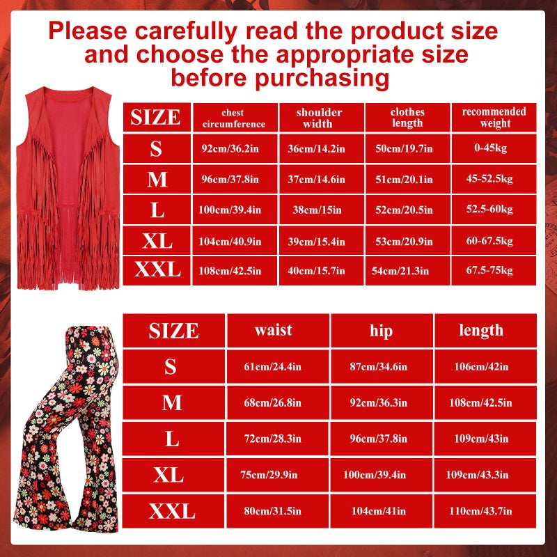 Leumoi 5 Pcs 60s 70s Costume for Women Disco Outfits Hippie Accessories Fringe Vest Boho Flared Pant for Mardi Gras Carnival(X-Large,Red) - Image 4