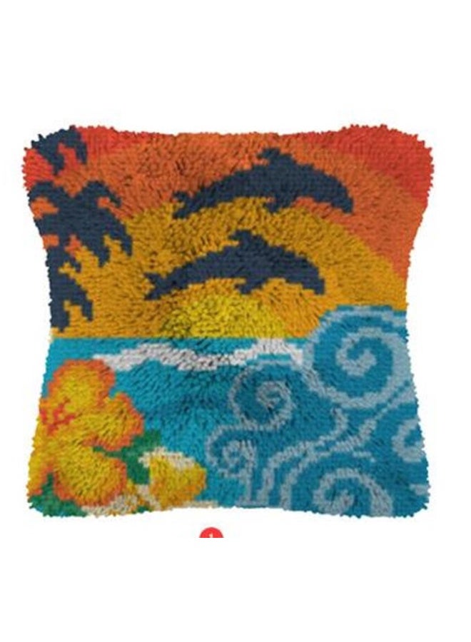 Sunset Ocean Dolphin Palm Tree Latch Hook Kit, DIY Tropical Beach Cushion Cover Craft