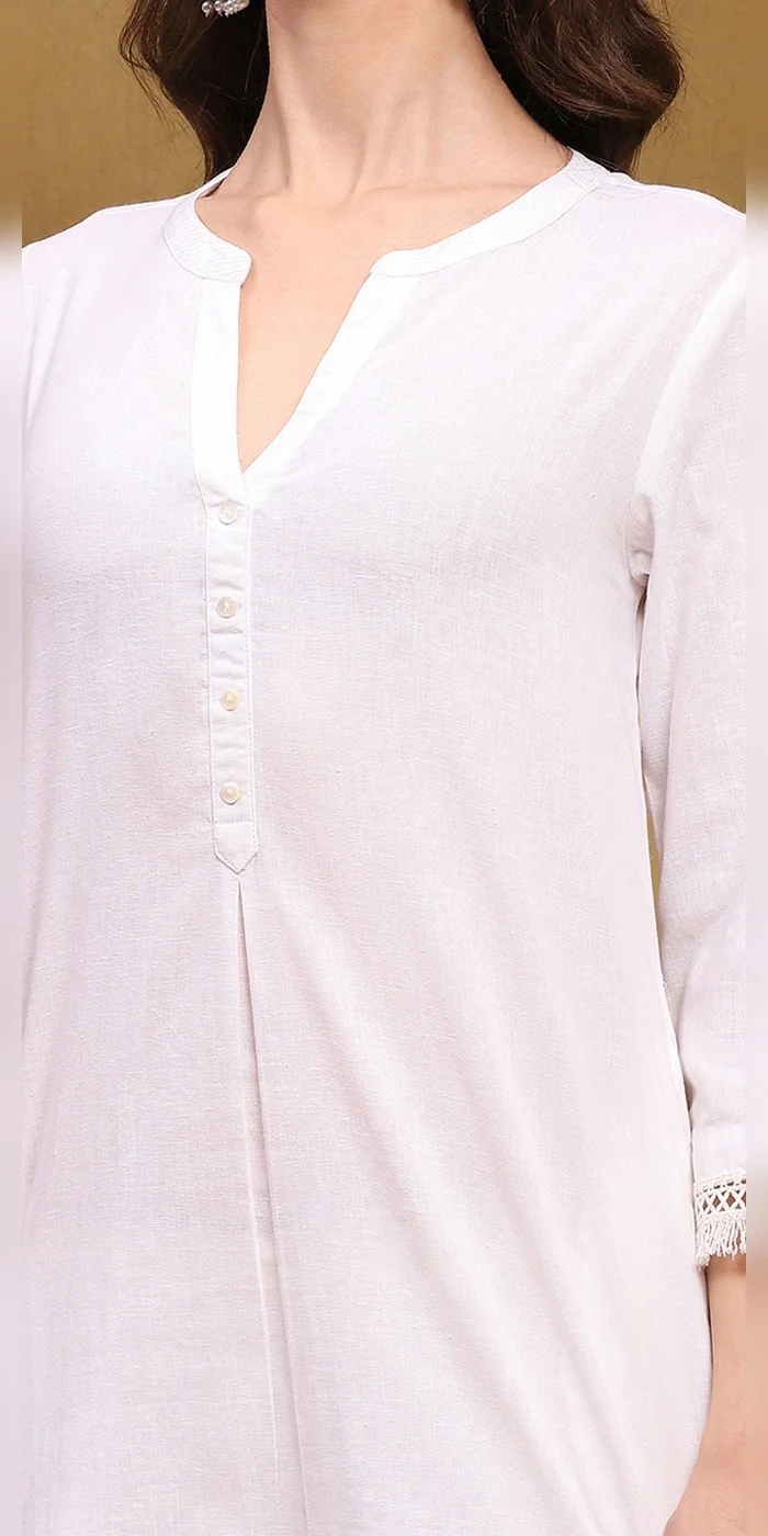 Biba  Women White Cotton Blend Solid Straight Kurta  | Best Price UAE