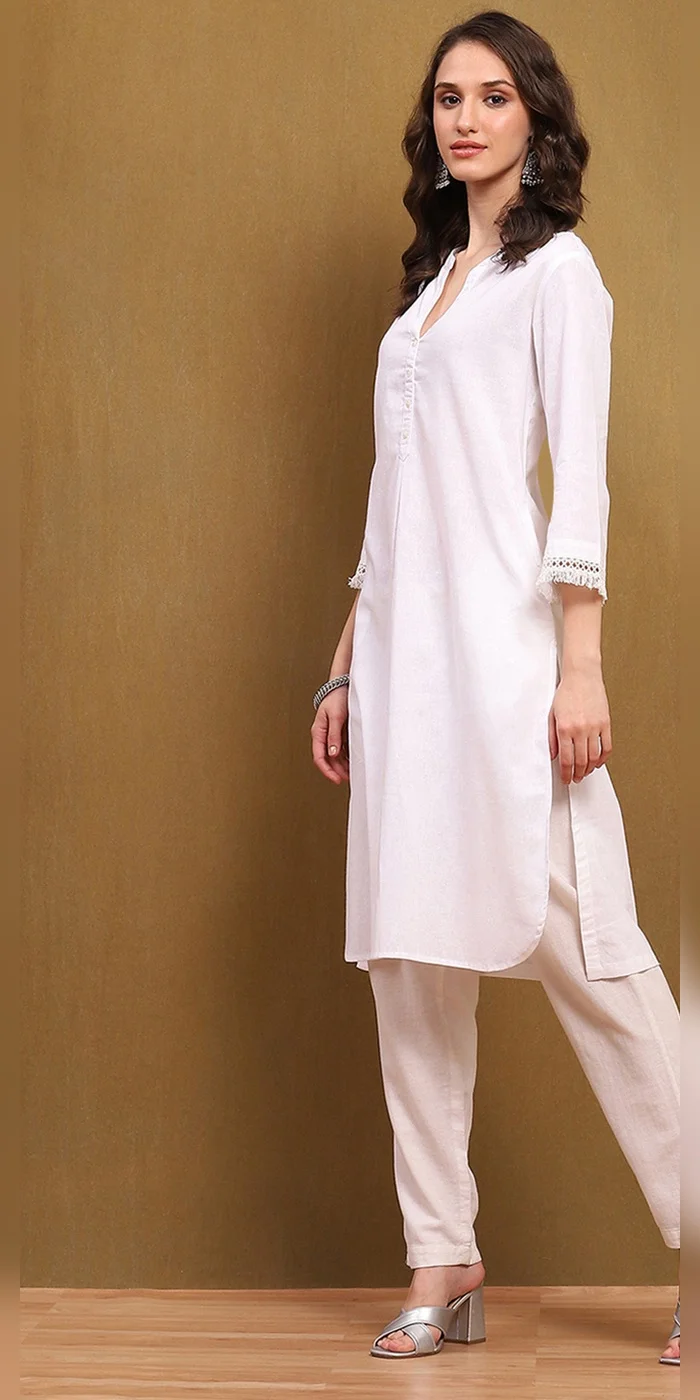 Biba  Women White Cotton Blend Solid Straight Kurta  | Best Price UAE