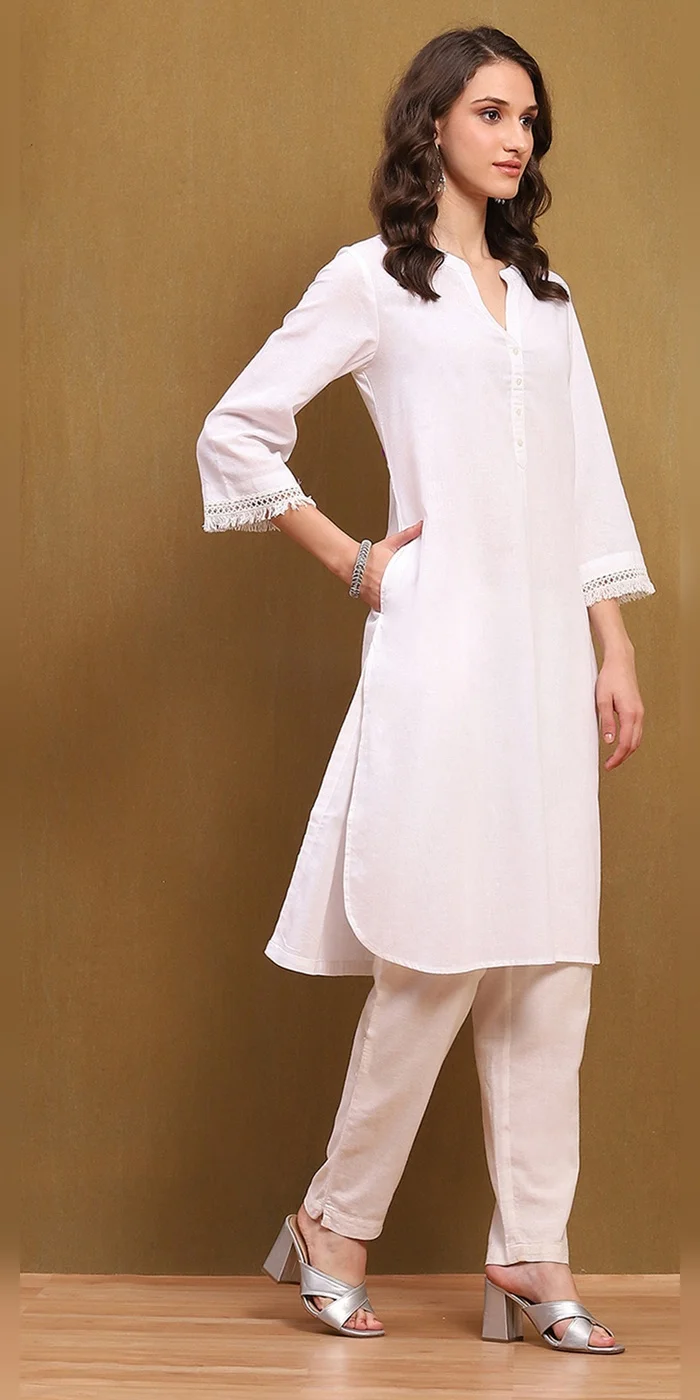 Biba  Women White Cotton Blend Solid Straight Kurta  | Best Price UAE