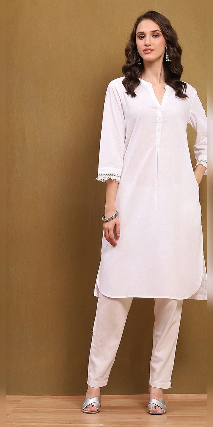 Biba  Women White Cotton Blend Solid Straight Kurta  | Best Price UAE