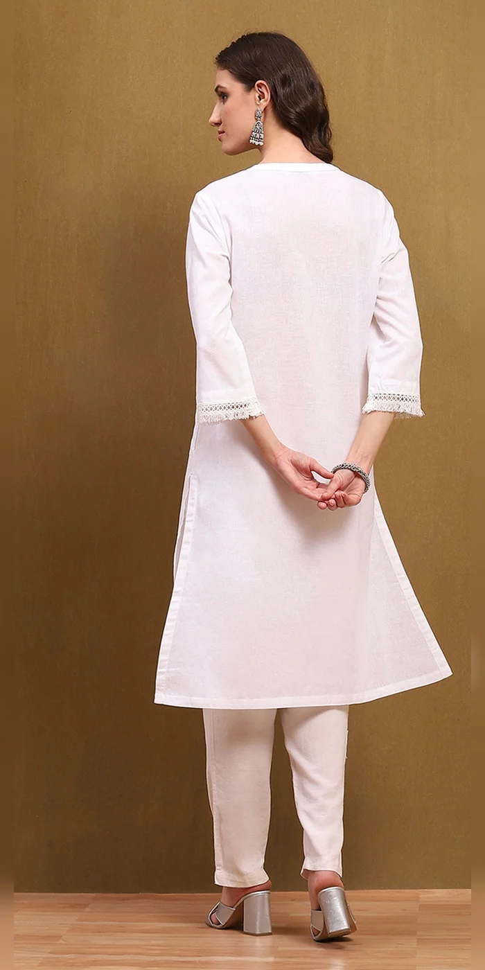 Biba  Women White Cotton Blend Solid Straight Kurta  | Best Price UAE