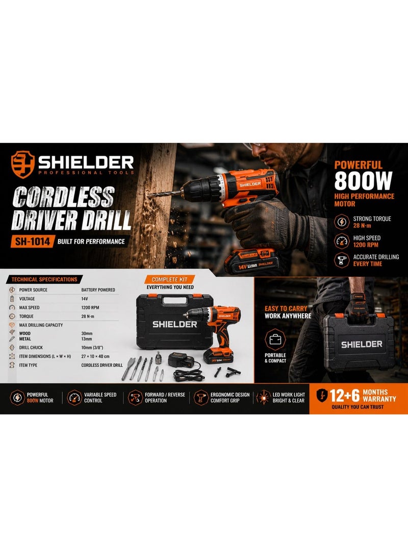 Shielder SH1014L 14.4V Cordless Drill 10mm Keyless Chuck Dual Speed Battery Drill Driver - Image 1