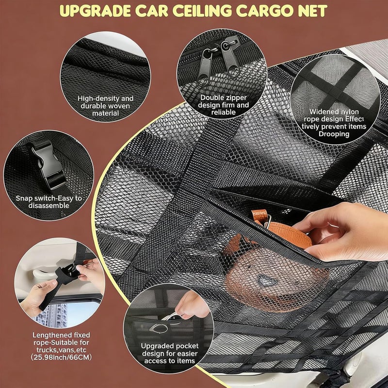 Car Ceiling Net Pocket, Double Layer Breathable Mesh Roof Storage Organizer for Road Trip SUV RV Easy Installation - Image 5