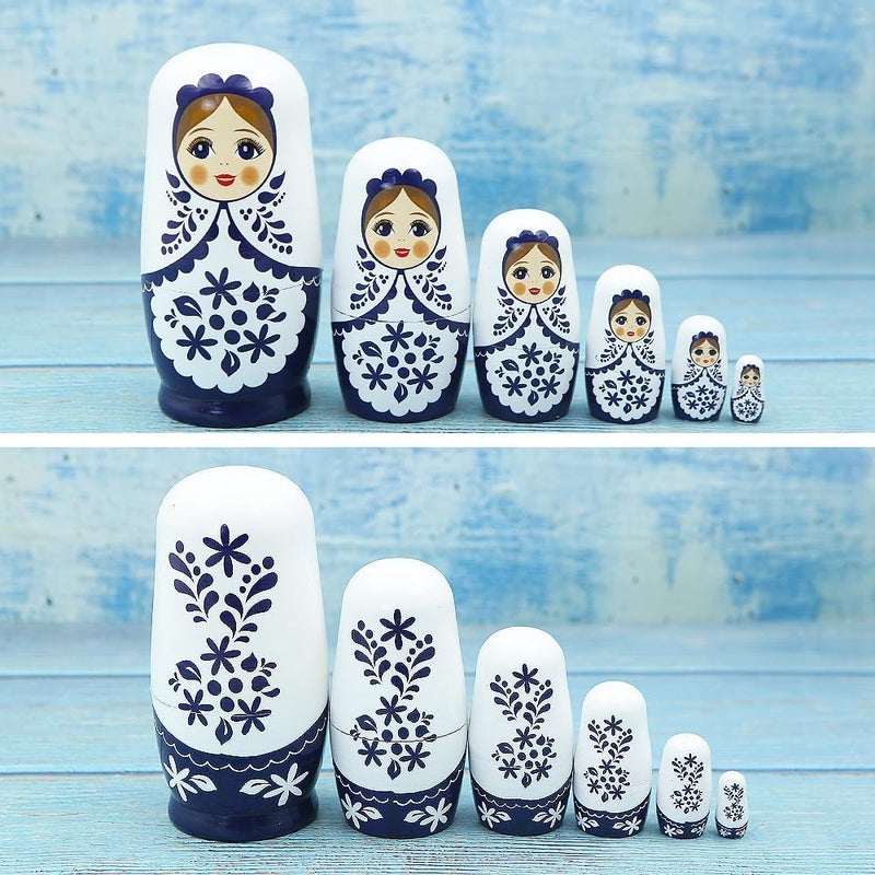 Winterworm White and Blue Girl Russian Nesting Dolls Set of 6 Flower Girl Wooden Matryoshka Dolls Wishing Doll for Birthday Christmas Graduation New Year Kid Stacking Toy Girl Women Gift Home Decoration  - Image 4