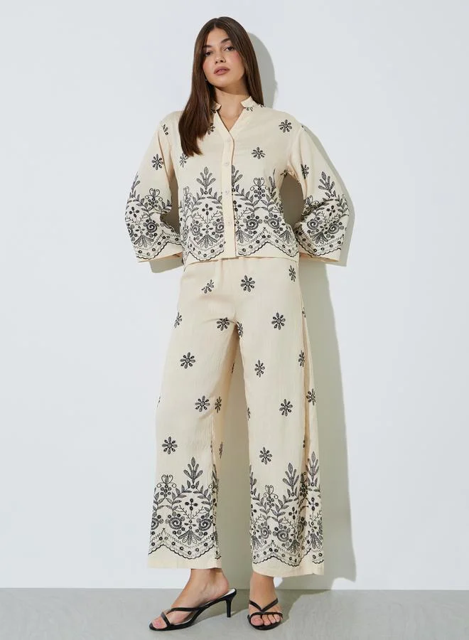 Styli Cream Embroidered Shirt and Pants Co-ord Set