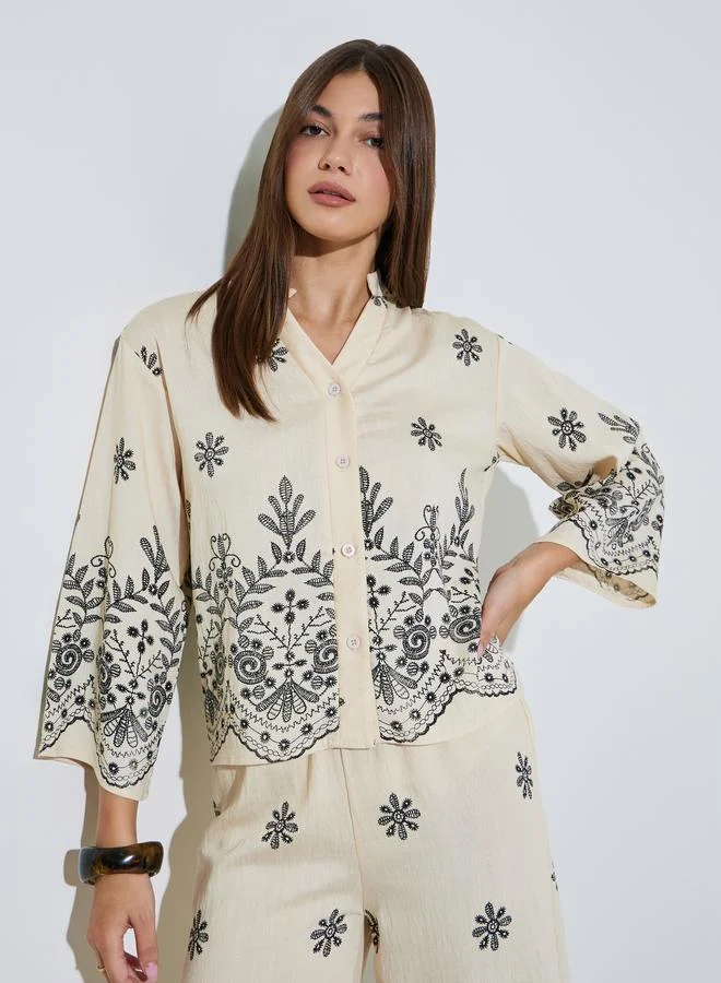 Styli Cream Embroidered Shirt and Pants Co-ord Set