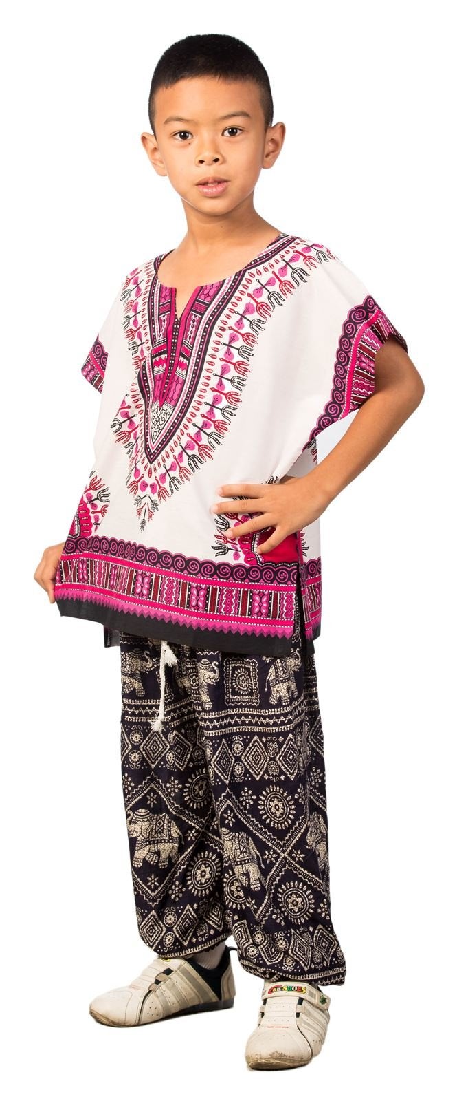 LOFBAZ African Dashiki Shirt for Kids Girls Boys Unisex Clothes Print T-Shirts Little Baby Toddler Dress Up Clothing White & Deep Pink 3-6M - Image 2