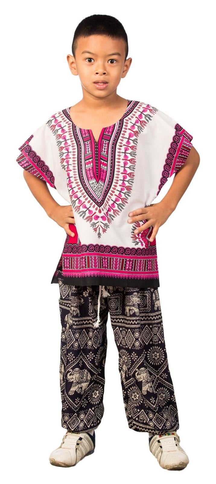 LOFBAZ African Dashiki Shirt for Kids Girls Boys Unisex Clothes Print T-Shirts Little Baby Toddler Dress Up Clothing White & Deep Pink 3-6M - Image 1