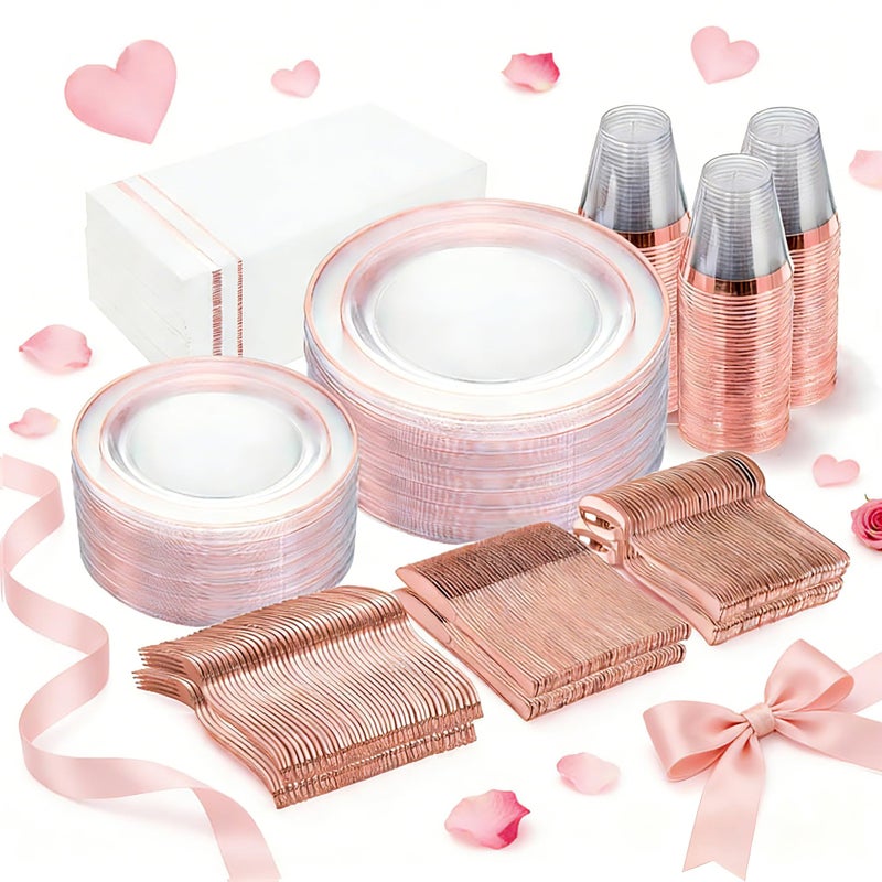 GATHER 350PCS Rose Gold Plastic Plates Disposable Rose Gold Dinnerware Includes 100 Clear Rose Golds Rimmed Plastic Plates 150 Silverware 50 Napkins 50 Cups for Party Wedding Valentines Day