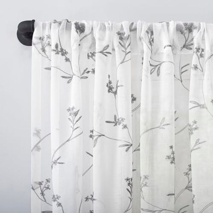 No. 918 Delia Embroidered Floral Sheer Rod Pocket Curtain Valance, 50" x 17", White - Image 5