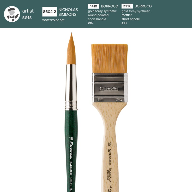 Escoda | Watercolour | Artist Set Nicholas Simmons 2 | Size 16,18 | 2 Brushes | Synthetic Gold toray | Round Pointed + mottler - Image 3