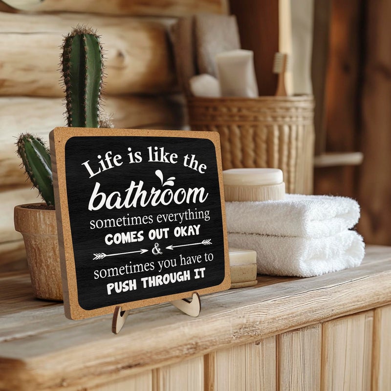 DMADNF Bathroom Decor, Vintage Bathroom Wood Plaque Sign, Life is Like The Bathroom Sign Desk Decor, Farmhouse Decor for Shelf Bathroom Toilet Home Decor 5.9x5.9 Inch (Black-1) - Image 3