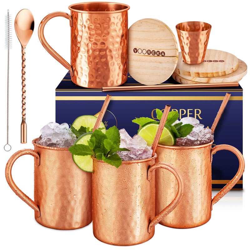 Yooreka Yooreka Gift Set Moscow Mule Mugs Set Of 4 16 oz Solid Cooper 100 Pure Copper Cups Cylindrical Shape HANDCRAFTED BONUS 4 Straws 4 Wood Coasters Stirring Spoon And Shot Glass Square