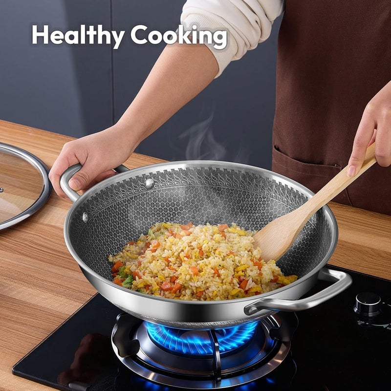 Masroo Stainless Steel Wok pan, 32CM Hybrid Woks & Stir-fry Pans, Nonstick Cookware with Lid, Deep Frying Pan, Large Kadai Skillet, Saute Pan, Cooking Pot Compatible with All Cooktops, Dishwasher Safe - Image 2