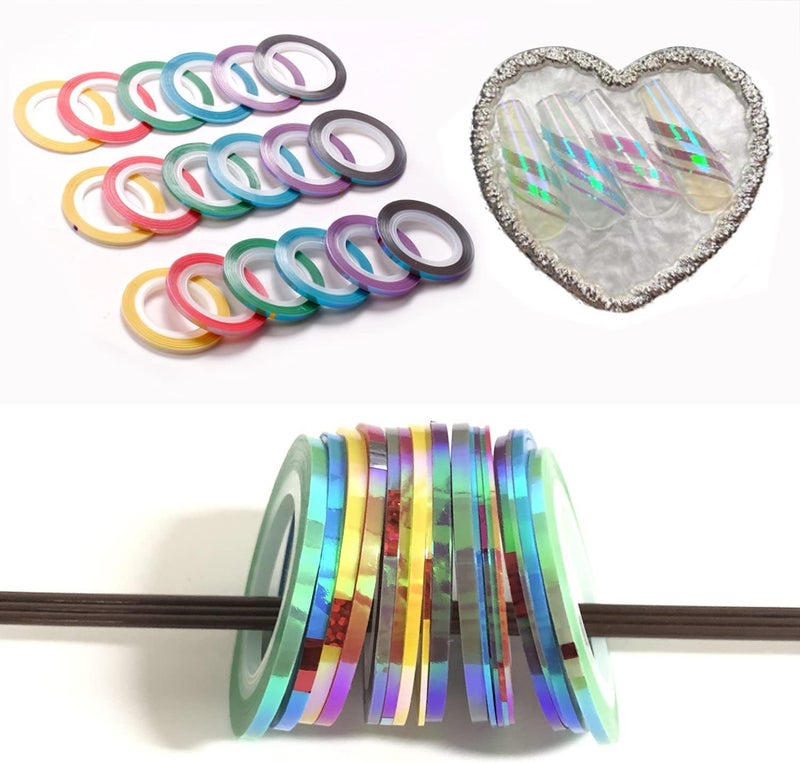 طقم شريط تزيين الأظافر 21 قطعة 1 مم 2 مم 3 مم شريط تزيين الأظافر للتصميم DIY أشرطة الأظافر الفضية (وردي)