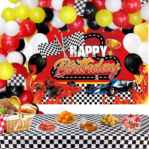 KEFAN Race Car Birthday Party Decorations Supplies with Happy Birthday Racing Car Backdrop Tablecover and Checkered Flags Balloons for Kid Boys Lets Go Racing Happy Birthday Party Supplies - Image 1