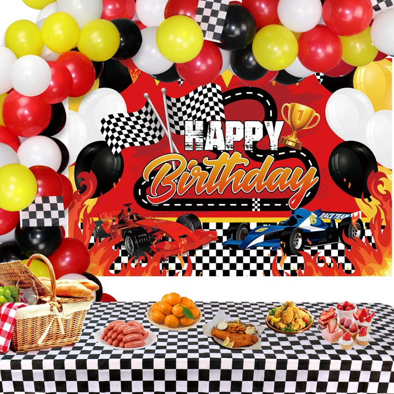 KEFAN Race Car Birthday Party Decorations Supplies with Happy Birthday Racing Car Backdrop Tablecover and Checkered Flags Balloons for Kid Boys Lets Go Racing Happy Birthday Party Supplies - Image 2