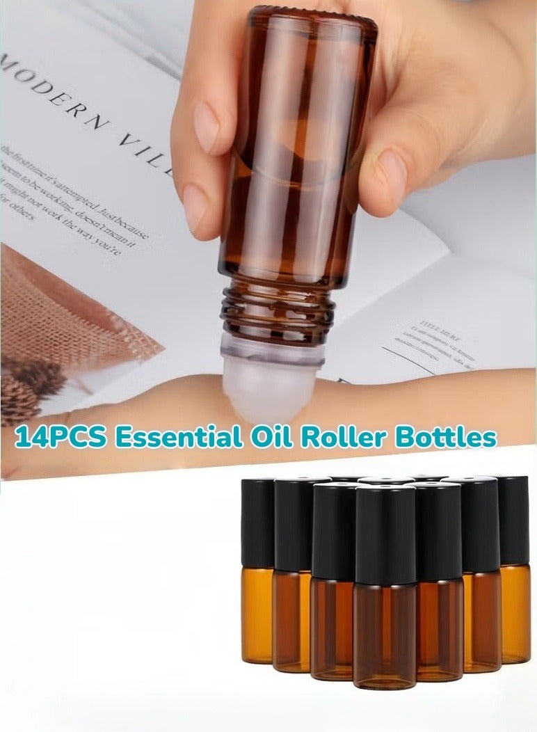 14PCS Essential Oil Roller Bottles with Roller Ball, 5ml Refillable Leak-proof Empty Thick Amber Glass Roll on Bottles with Caps for Travel, Perfume - Image 1