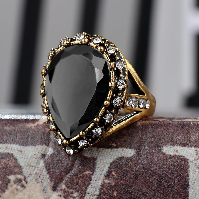 HAIXIAN Gold Black Obsidian Stone Ring for Women,Retro14K Yellow Gold Plated Waterdrop Shap Gemstone Crystal Ring,Cocktail Party Signet Ring Jewelry for Women Her (Ring_A1, 8) - Image 3