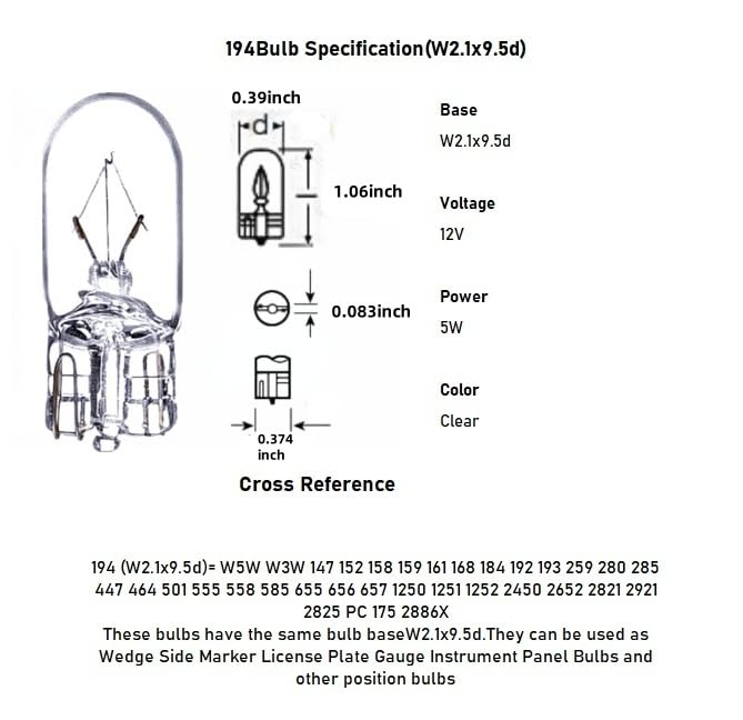 Kadiby 100 Pack 194 light bulb,168 W5W 1/4 Wedge Base 12V 5W Clear for Cars Landscape RV Camper T10 2825 Car Signal,Replacement for 147 152 158 159 161 184 192 193 259 280 285 447 464 501 - Image 2