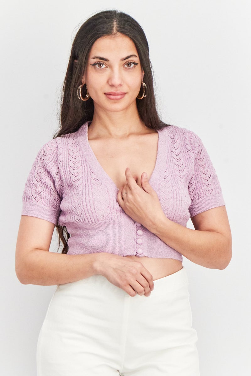 Cotton On Women V-Neck Short Sleeve Knitted Top, Lilac  - Image 1
